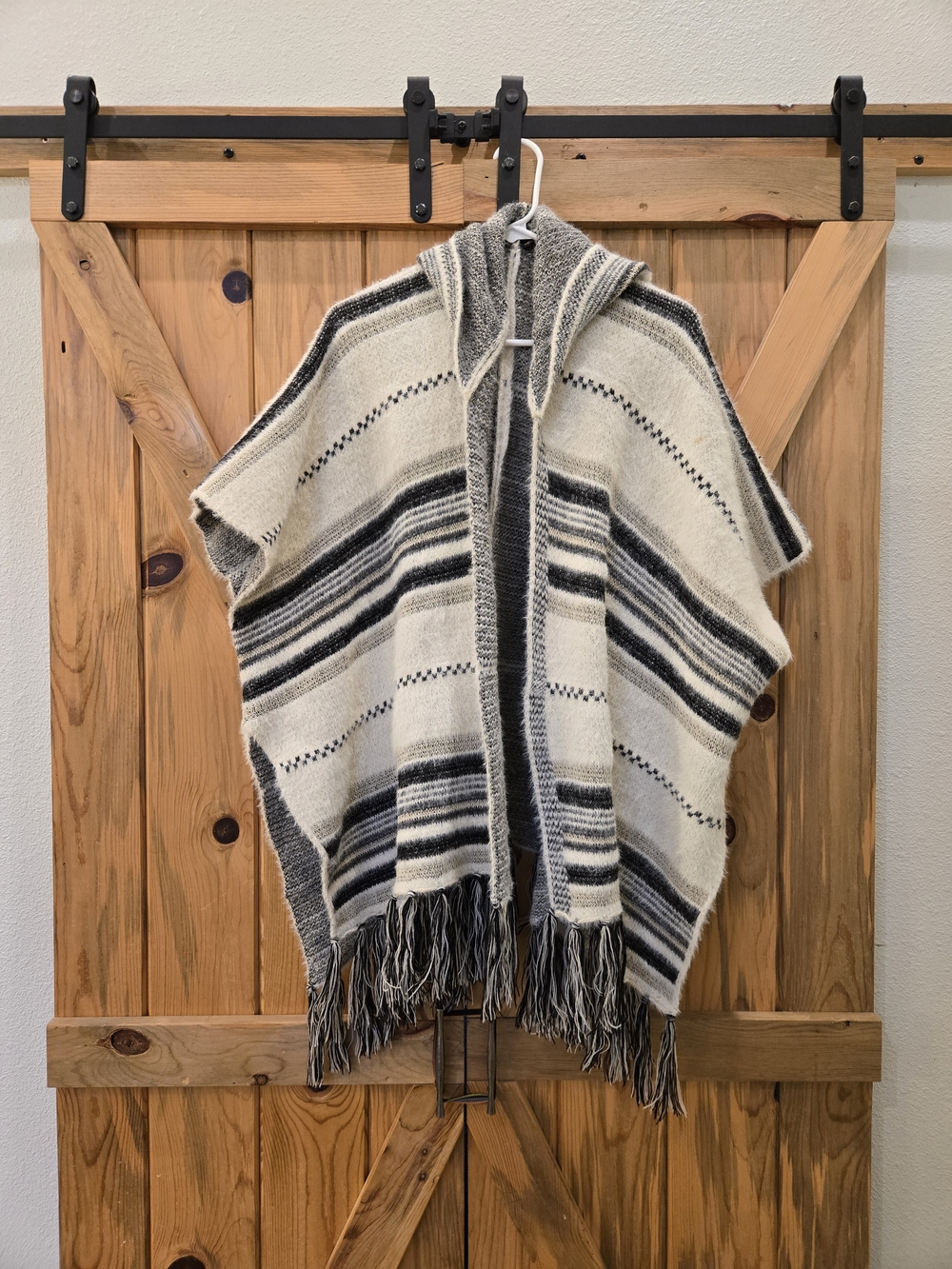 Coco + Carmen Hooded Fringe Poncho in Cream and Gray Stripe